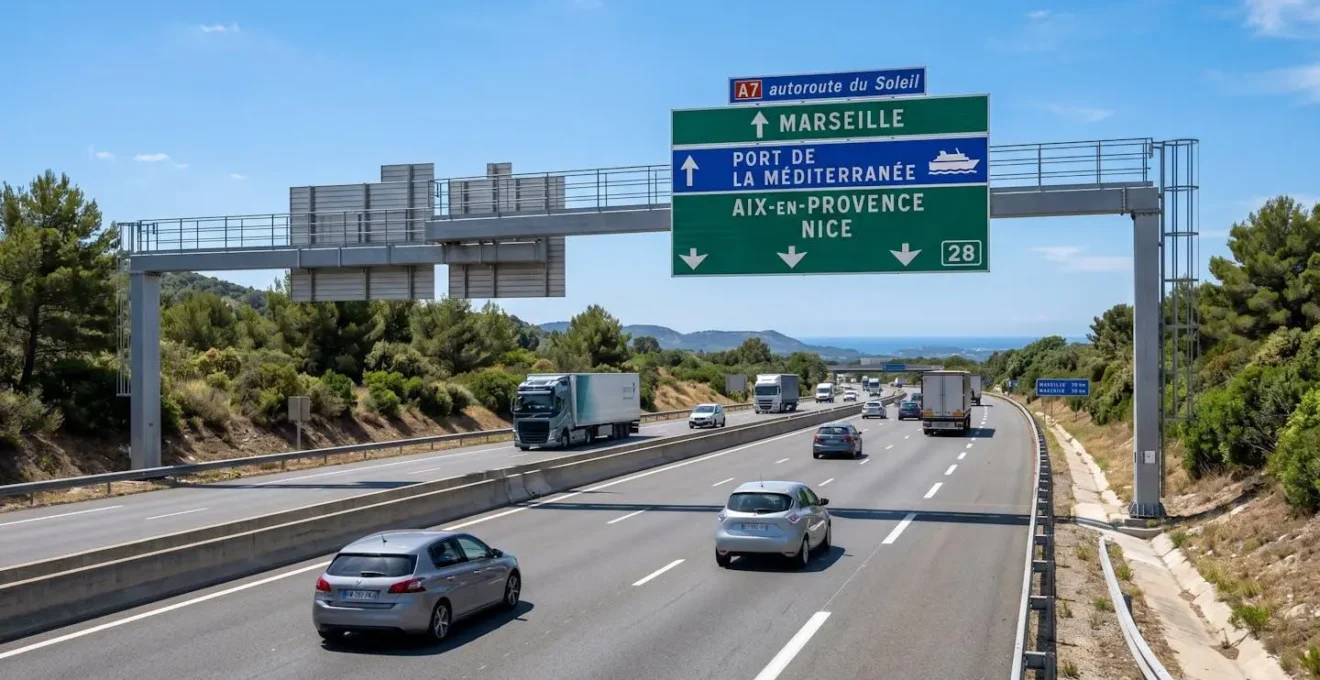 Vue en légère contre-plongée d'un panneau autoroutier français indiquant la direction d'un port méditerranéen sous un ciel lumineux