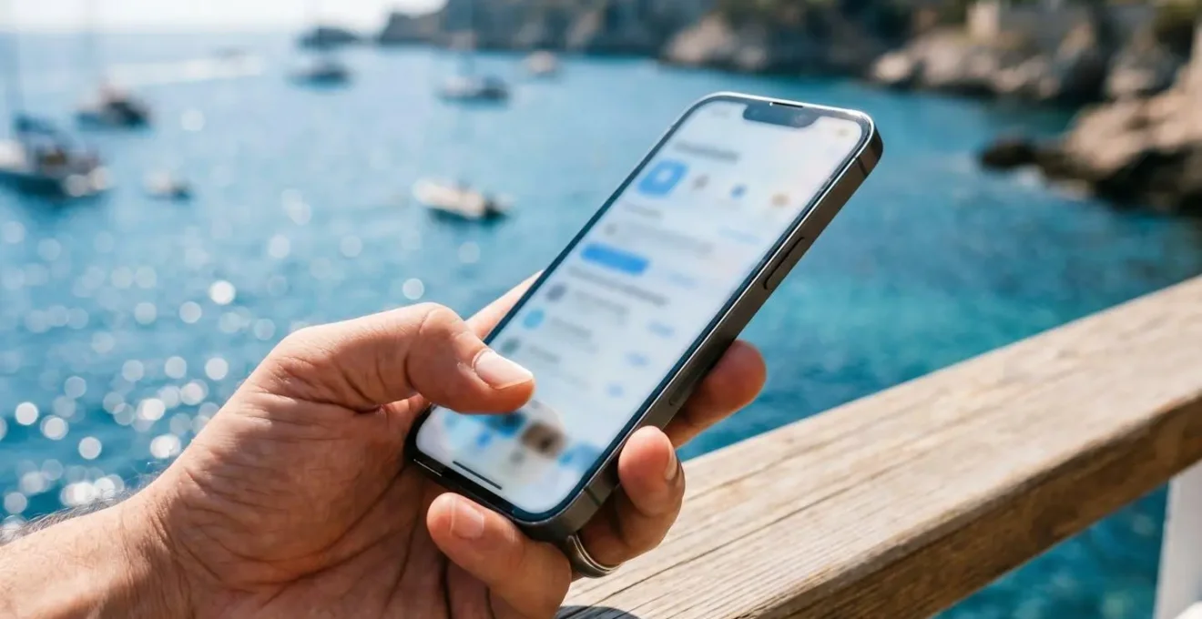 Gros plan sur une main tenant un smartphone affichant un billet de ferry électronique avec arrière-plan flouté aux tons bleus maritimes