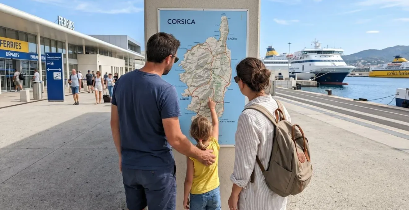 Une famille de dos observe une carte de la Corse près d'un ferry à quai dans un port méditerranéen ensoleillé