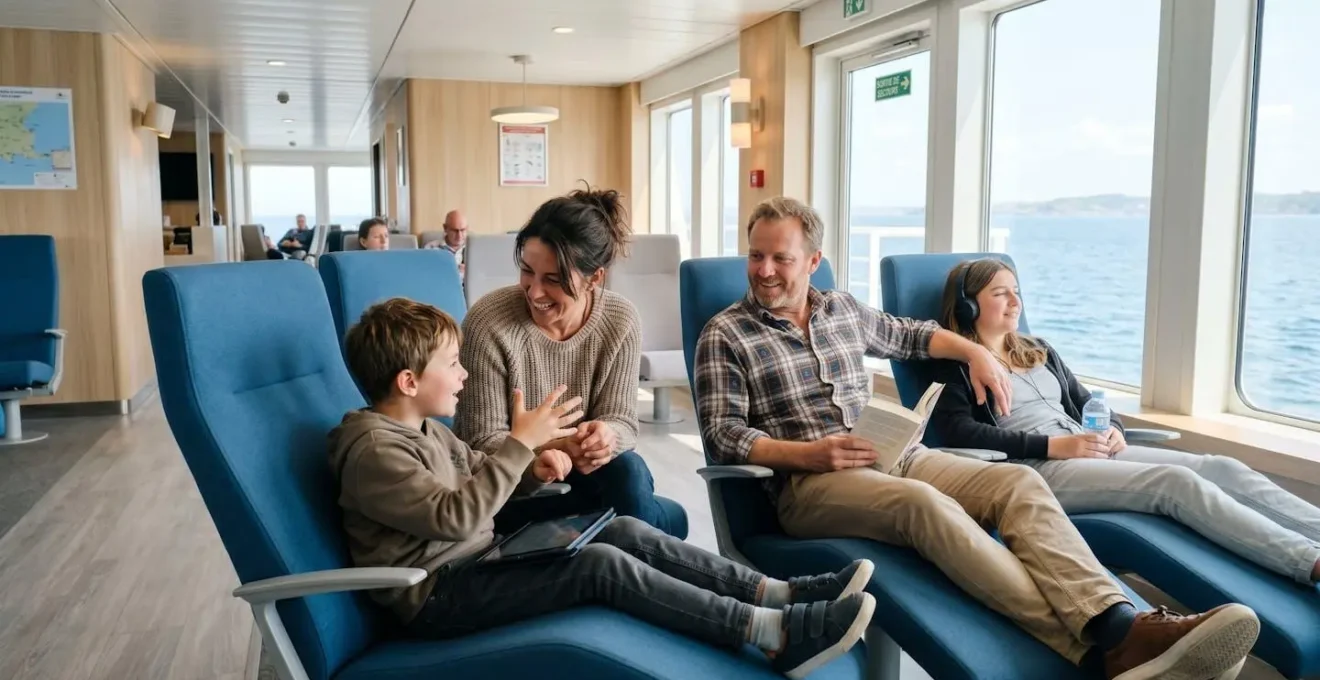 Une famille installée confortablement dans un espace détente moderne d'un ferry avec sièges inclinables et grandes baies vitrées