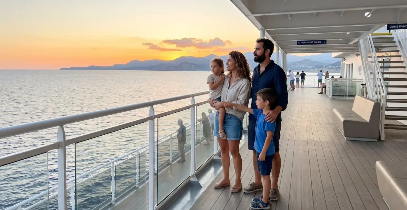 Une famille vue de dos sur le pont d'un ferry moderne contemple l'horizon méditerranéen dans la lumière dorée de fin d'après-midi