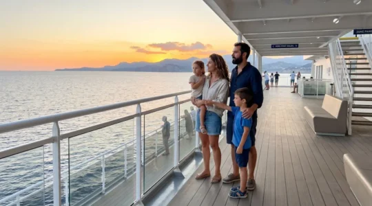 Une famille vue de dos sur le pont d'un ferry moderne contemple l'horizon méditerranéen dans la lumière dorée de fin d'après-midi