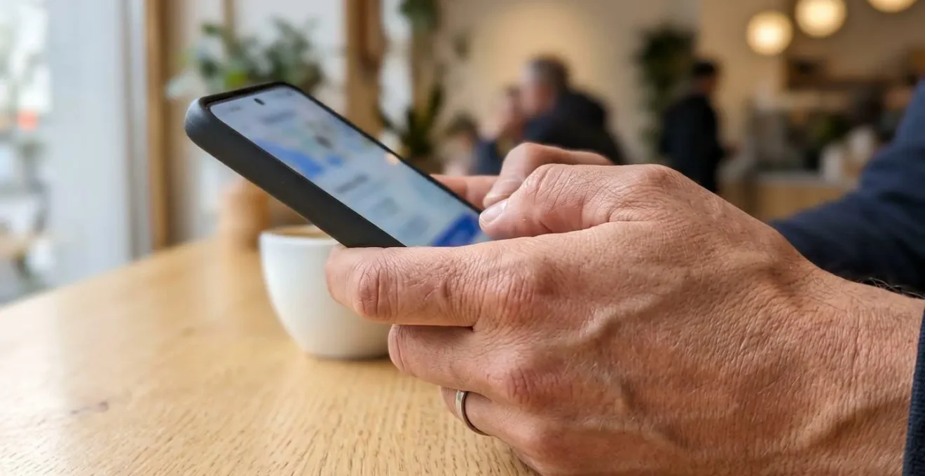 Gros plan d'une main tenant un smartphone avec écran affiché mais entièrement flouté, posé sur une table moderne avec lumière naturelle latérale