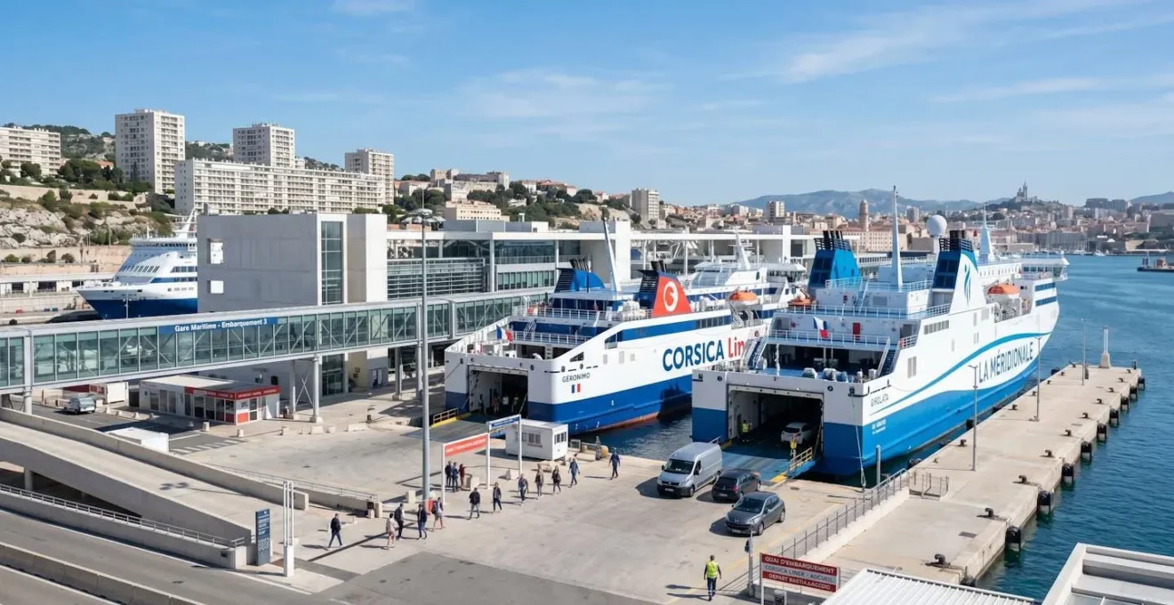 Vue d'ensemble d'un port méditerranéen moderne avec plusieurs ferries amarrés à quai sous une lumière naturelle éclatante