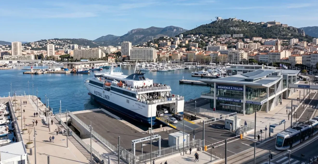 Vue en contre-plongée du port de Toulon avec un ferry moderne amarré le long du quai sous une lumière matinale claire